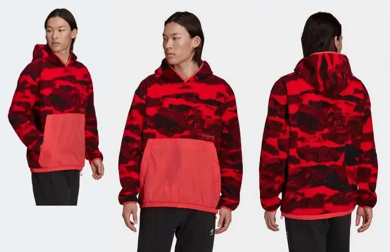 adidas Originals – Adventure – Fleece-Kapuzenpullover in Rot mit Berg-Print (Gr. XS bis 2XL) für 42,50 € inkl. Versand (statt 69,50 €)