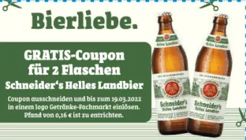 Gratis Lokal: 2 Flaschen Schneider’s Helles Landbier im Logo Getränke Märkte