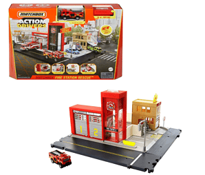 Matchbox Hbd76 Feuerwache Spielset Mit 1 Feuerwehrauto Im Massstab 1 64 Licht Und Soundeffekten