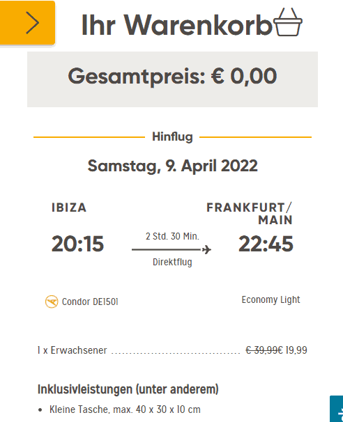 Condor Gutschein Fehler: Gratis Flüge bis 20,00 € zum Beispiel von IBIZIA nach Frankfurt