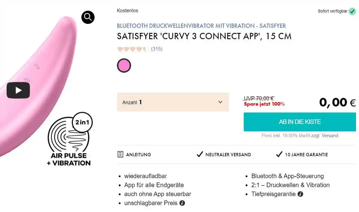 Eis DE: Satisfyer Curvy 3 Connect App Bluetooth Druckwellenvibrator mit Vibration & 6 Gratisartikel für 0 € (MBW 29,95 €)🍨