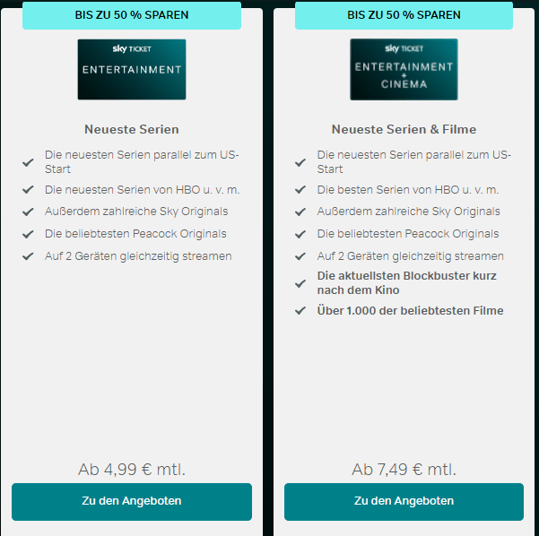 Sky Ticket :Entertainment für 4,99 € mtl. ( 6 Monate 29,94 € statt 59,94 €) oder Entertainment + Cinema für 7,49 € (6 Monate 44,94€ statt 90,00 € )