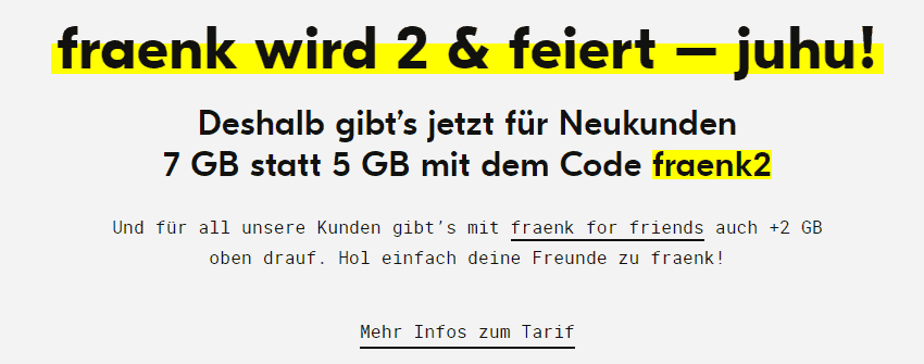 Fraenk Mobile: 10 GB Allnet Flat im Telekom Netz ( monatlich kündbar) für 10,00 € / Monat