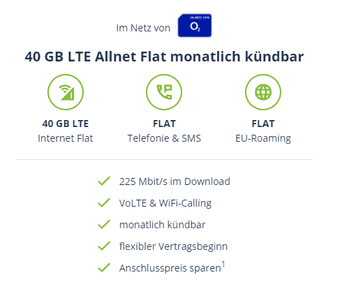 40 GB LTE O2 Allnet FLAT  inkl. VoLTE & WLAN Call für 18,99 € mtl. monatlich kündbar