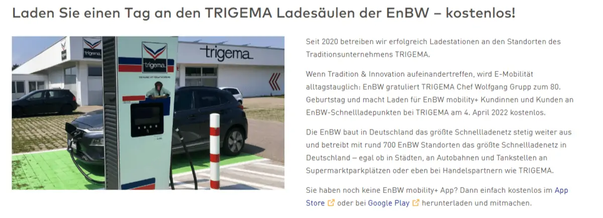 Gratis E-Auto laden: Nur heute an TRIGEMA Ladesäulen der EnBW (EnBW mobility+ Kunden/Kundinnen)