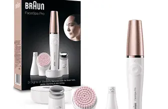 Braun FaceSpa Pro Beauty Set mit Gesichtsepilierer Gesichtsreinigungsbürste Aufsatz Halter und Ta