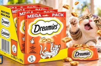 Gelbe Dreamies Mega Pack Schachtel mit vier orangefarbenen Beuteln und einer Katze, die nach fliegenden Snacks greift.