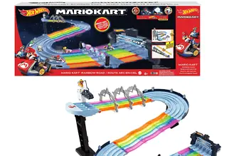 Hot Wheels GXX41 Mario Kart Regenbogen Boulevard Rennstrecke mit 2 Aufbaumöglichkeiten 25 Meter