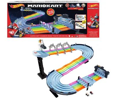 Hot Wheels GXX41 Mario Kart Regenbogen Boulevard Rennstrecke mit 2 Aufbaumöglichkeiten 25 Meter