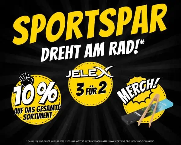 SportSpar Glücksrad: 10 % auf alles, Jelex 3für2-Aktion oder SportSpar Merch