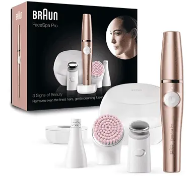 Braun FaceSpa Pro Beauty Set mit Gesichtsepilierer Damen Gesichtsreinigungsbuerste Aufsatz Halter