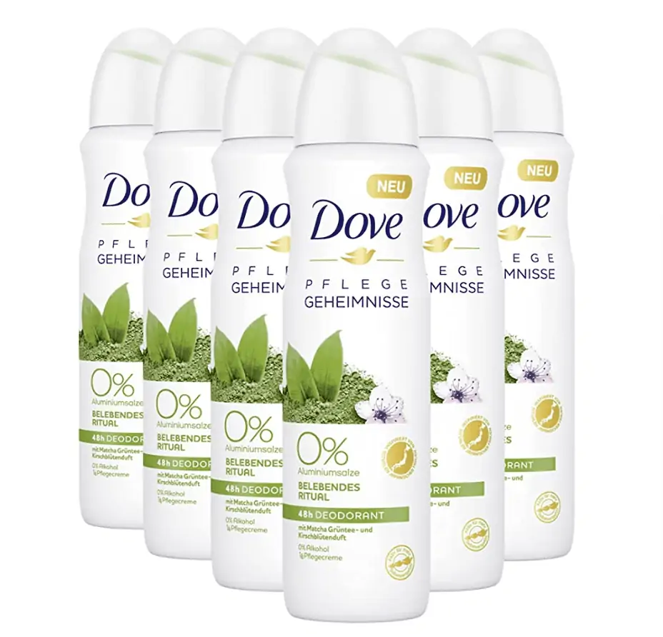Dove Pflegegeheimnisse Deodorant Spray Belebendes Ritual Deo ohne Aluminium mit Matcha Grüntee- und Kirschblütenduft 150 ml 6 Stück ab 8,12 € inkl. Prime-Versand (statt 11,70 €)