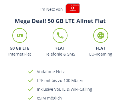 [Vodafone Netz ] 🔥 50 GB LTE Allnet Flat (100 Mbit/s.  VoLTE & WiFi-Calling & eSIM)  für 14,99 € mtl. + 19,99 € Anschlusskosten