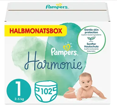 Pampers Baby Windeln Groesse 1 2 5 kg Harmonie 102 Stueck HALBMONATSBOX Sanfter Hautschutz Und Pfl