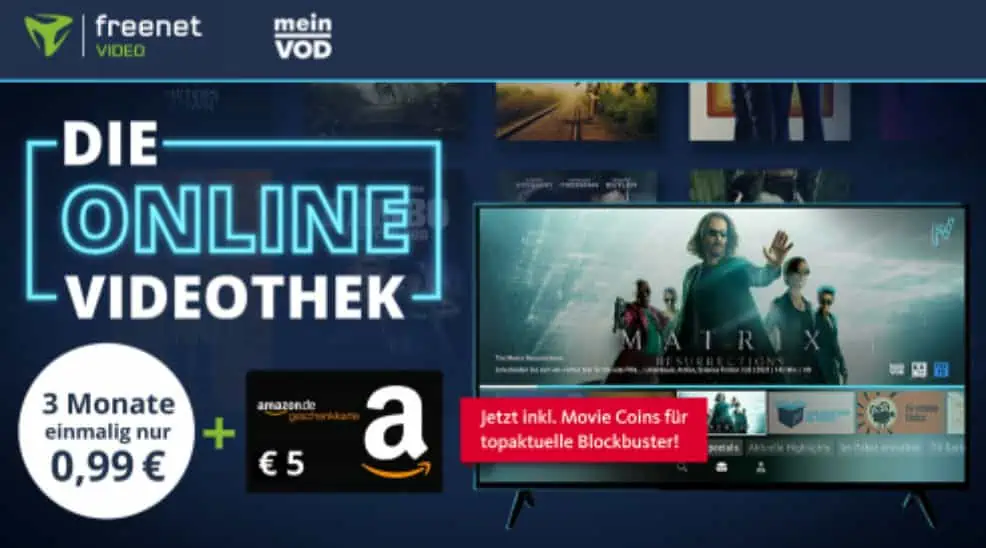 3 Monate Freenet Video testen für einmalig 0,99 € + 5,00 € Amazon Gutschein