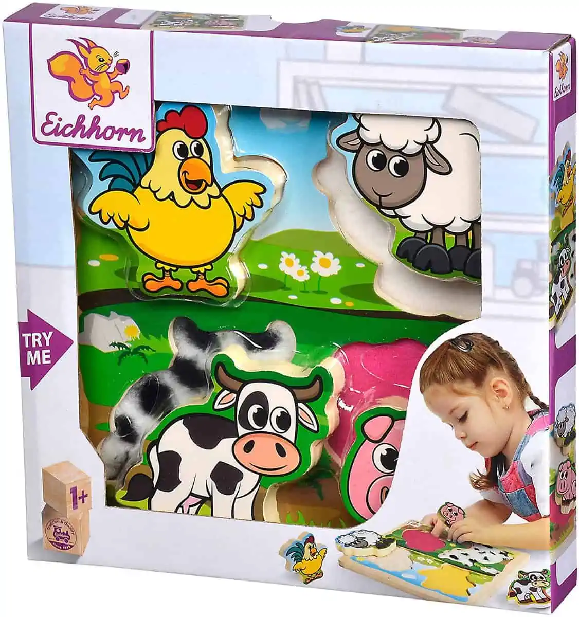 Eichhorn Fühl-Puzzle mit Stoff – Bauernhoftiere aus Holz (5 teilig, 20x20cm) für 9,99 € [Prime] statt 13,32 €