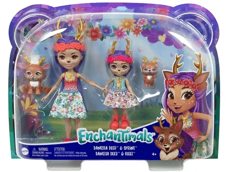 Enchantimals HCF80 Danessa Deer und kleine Schwester ca. 15 cm und ca. 10 cm und 2 Tierfiguren