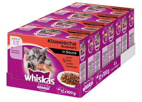 Whiskas Katzenfutter Junior – Klassische Auswahl in Sauce – Ausgewogenes Feuchtfutter für heranwachs