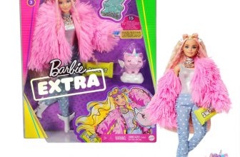 Barbie GRN28 Extra Puppe flauschiger pinker Mantel mit Einhorn Schweinchen extra lange wellige H