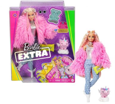 Barbie GRN28 Extra Puppe flauschiger pinker Mantel mit Einhorn Schweinchen extra lange wellige H