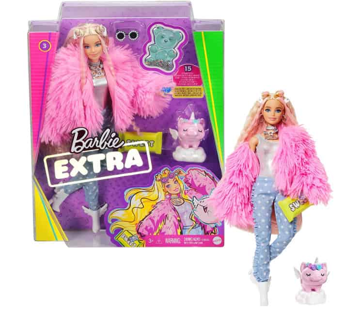 Barbie Grn28 Extra Puppe Flauschiger Pinker Mantel Mit Einhorn Schweinchen Extra Lange Wellige H