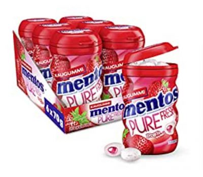 Mentos Gum Pure Fresh Erdbeere 6er Box Kaugummi Dragees Erdbeergeschmack mit Frucht Füllung zucke