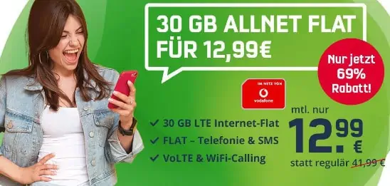 Vodafone Allnet Flat mit 30GB LTE (50 Mbit/s) für 12,99 € mtl. + 9,99 € Anschlusskosten +VoLTE & WiFi-Calling + eSim möglich
