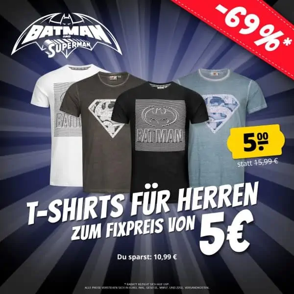 Batman, Micky Maus & Superman Herrn T-Shirts für je 5,00 € zzgl. 3,95 € Versand