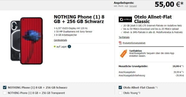 Nothing Phone Mit 256 Gb Für Einmalig 55 € + Otelo Allnet Flat Classic Mit 20 Gb Lte