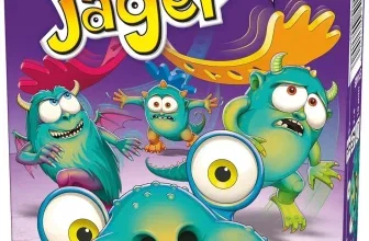 Ein violettes Spiel mit gelben und orangen Buchstaben, das Monsterjäger heißt, mit fünf Monstern