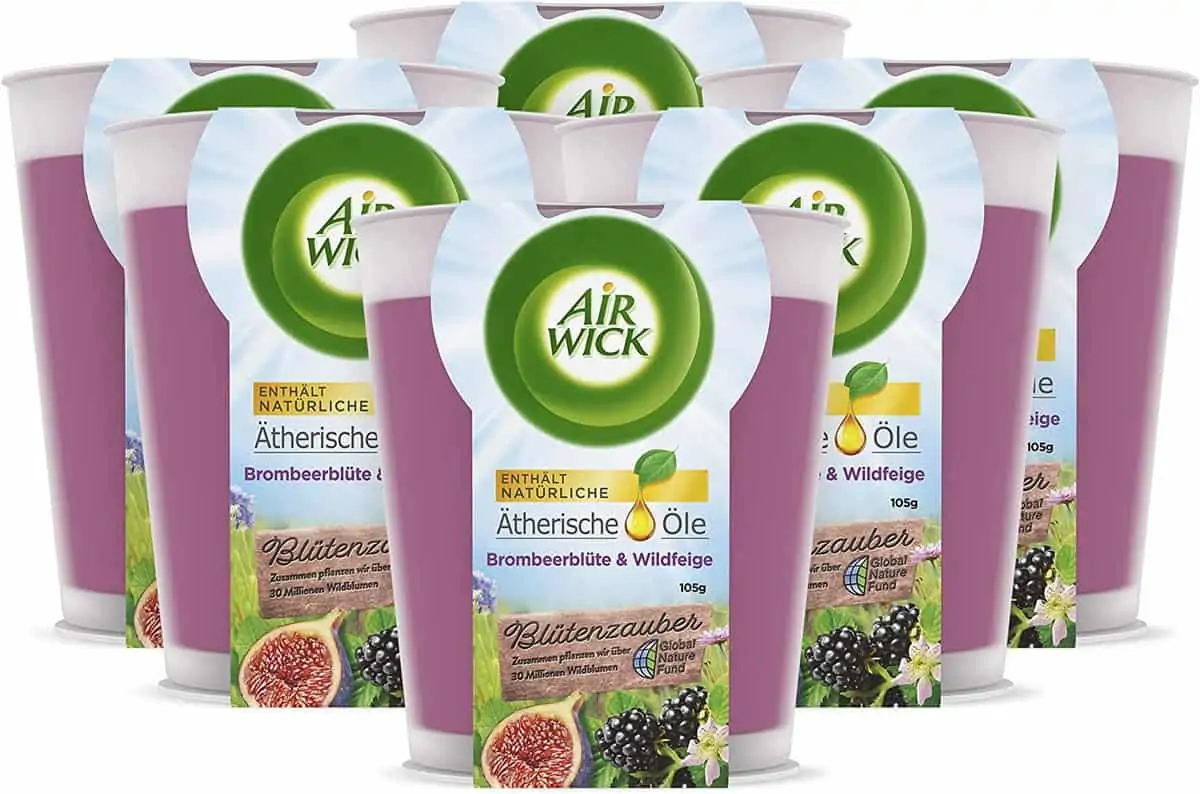 6 x Air Wick Wohlfühl-Duftkerze im Glas – Duft: Brombeerblüte und Wildfeige
