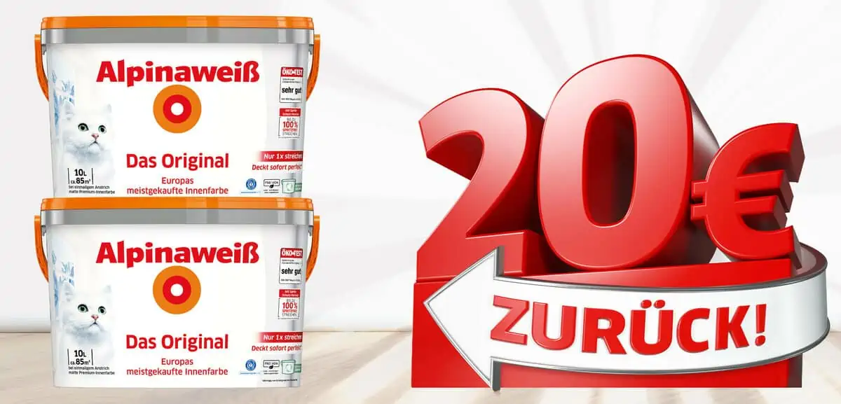 Alpina Geld Zurück Aktion: 2 x 10 L Alpinaweiß Aktionseimer kaufen und 20 € Cashback erhalten