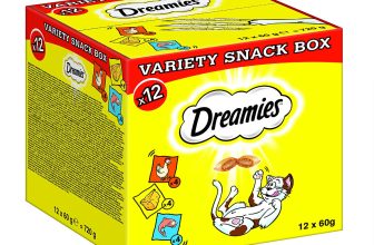 Dreamies Katzensnacks in einer Snack Box mit verschiedenen Geschmacksrichtungen Huhn Käse Lachs