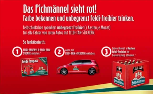 Gratis: Jeden Monat 1 Feldschlößchen-Kiste kostenlos für Halter eines Roten KFZ (Sachsen, Thüringen, Berlin, Brandenburg, Sachsen-Anhalt und Niedersachsen)