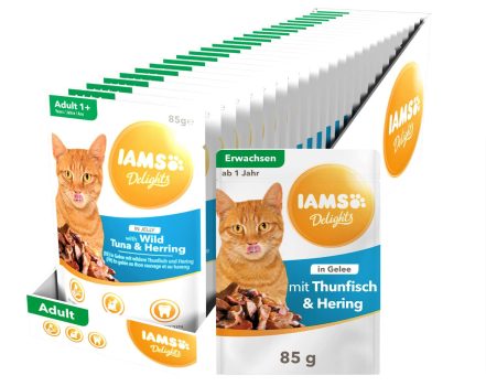 Iams Delights Katzenfutter Nass mit Thunfisch Hering in Gelee vollwertiges Nassfutter für erwachs