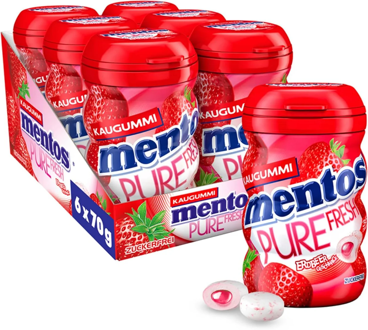 Mentos Gum Pure Fresh Erdbeere 6er Box Kaugummi-Dragees