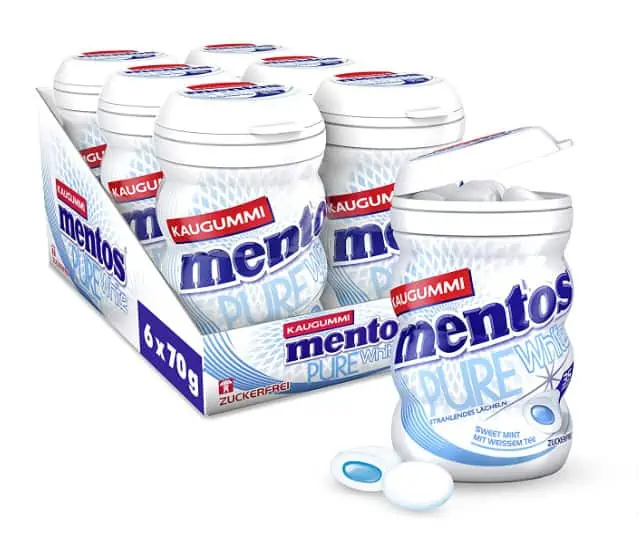 Mentos Kaugummi Pure White Sweet Mint, 6er Box Kaugummi-Dragees, zuckerfrei mit Minze für 9,55 € inkl. Prime-Versand (statt 18,59 €)