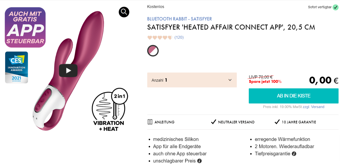 EIS DE: Satisfyer Heated Affair Connect App Bluetooth Rabbit & 6 Gratisartikel für 0 € (MBW 29,95 €) 🍨