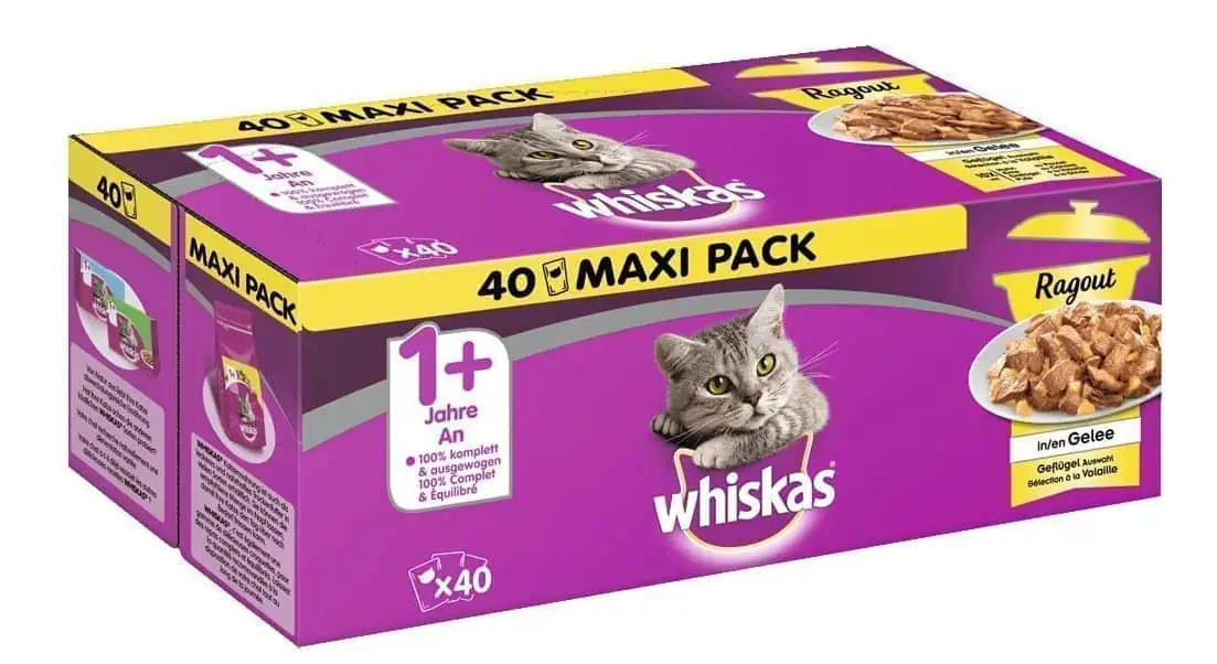Whiskas 1+ Katzennassfutter Ragout – Geflügel Auswahl in Gelee – Vorratspack (40 x 85g) ab 8,99 € inkl. Prime-Versand (statt 16,54 €)
