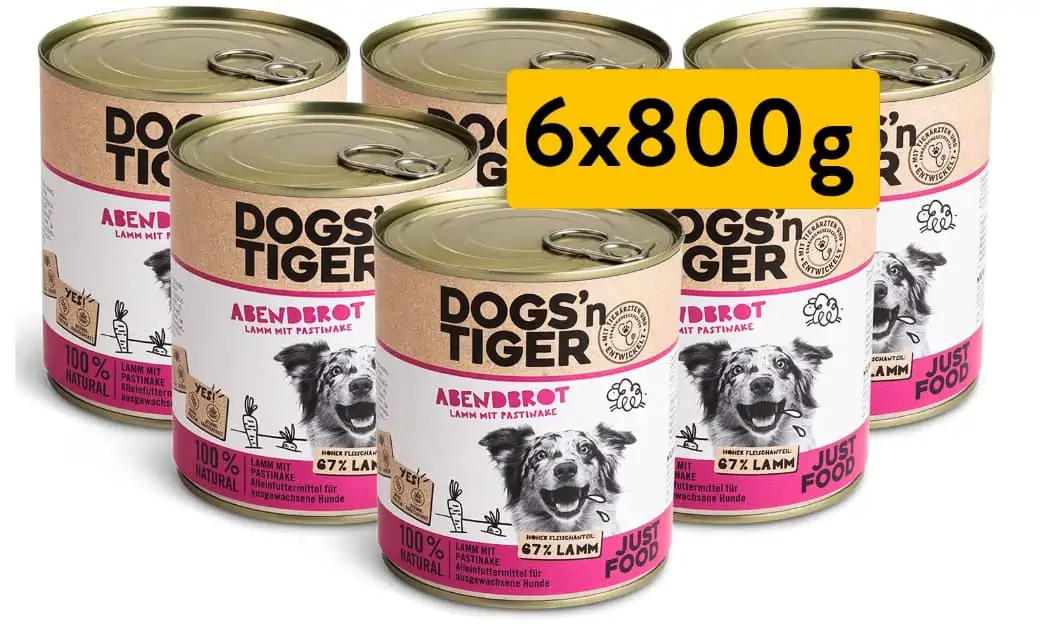 Dogs’n Tiger – “Abendbrot” Premium Hunde Nassfutter – tiergerechte Rezeptur mit 67% Fleischanteil (Lamm mit Pastinake | 6 x 800 g) ab 25,43 € inkl. prime Versand (statt 35,88 €)