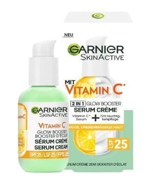 Garnier Serum Crème gegen müde Haut und dunkle Flecken 2in1 Tagespflege für mehr Glow und einen ebe