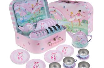 Jewelkeeper Zinn Teeservice für Mädchen Tragetasche Kindergeschirr Spielküche 15 teilig Ball