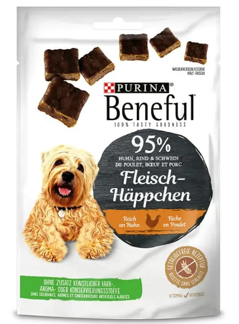 PURINA BENEFUL Fleisch-Häppchen Hundeleckerli, schmackhafter Snack ohne Getreide, reich an Huhn, 7er Pack (7 x 70g) ab 10,39 € inkl. Prime-Versand (statt 18,83 €)