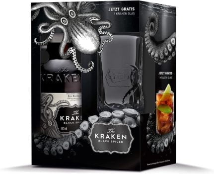 The Kraken Black Spiced Rum mit Glas in Geschenkverpackung 07L e1666768166506