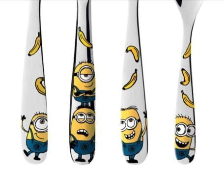 WMF Minions Kinderbesteck Set 4 teilig Kinderbesteck Edelstahl Besteck Kinder ab 3 Jahre Cromargan poliert spuelmaschinengeeignet WMF Amazon de Kueche Haushalt Wohnen