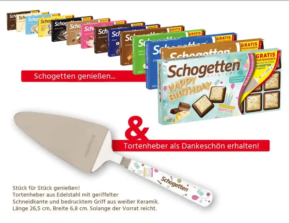Gratis: 5 Aktionstafeln Schogetten kaufen & 1 Tortenheber gratis erhalten