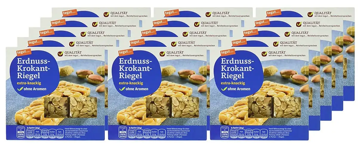 tegut… Erdnuss-Krokant-Riegel, 15er Pack (15 x 90 g) für 14,85 € inkl. Prime-Versand (0,99 €/Packung)