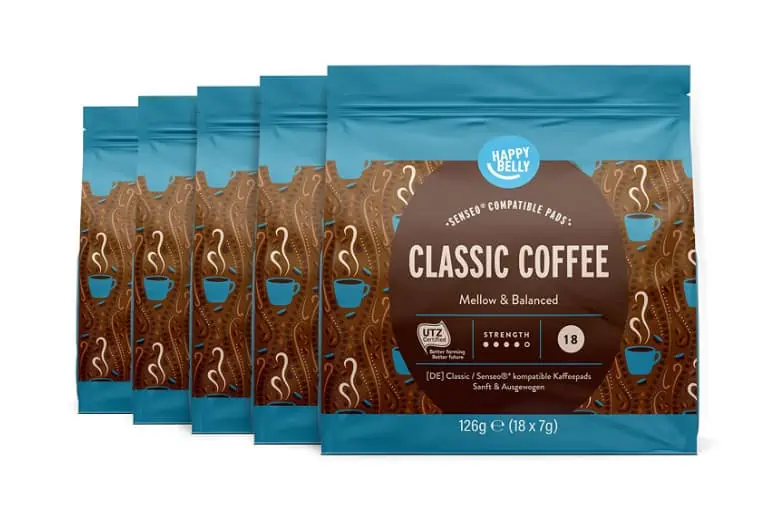 Amazon-Marke: Happy Belly Classic Kaffee-Pads kompatibel mit Senseo*, 90 Pads (5×18 ) ab 7,47 € inkl. Prime-Versand (statt 11,40 €)