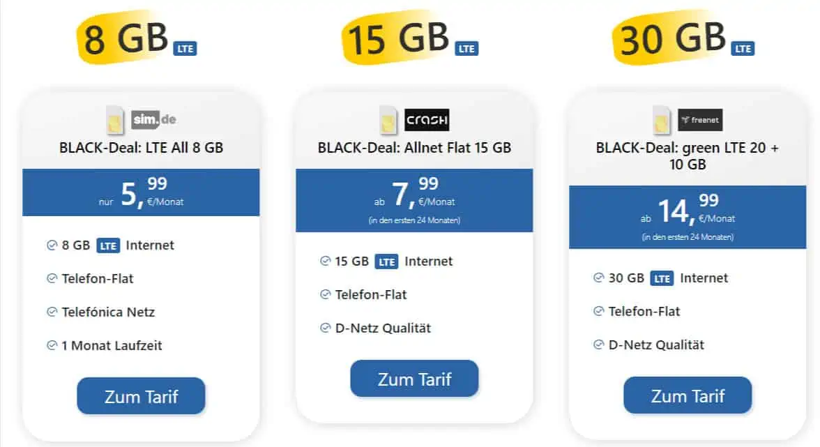 Tariffuxx BLACK-Deal z.B.: LTE All 8 GB (Telefonica) mit 50 MBit/s, für 5,99 €/Monat – 9,99€ Anschlusspreis