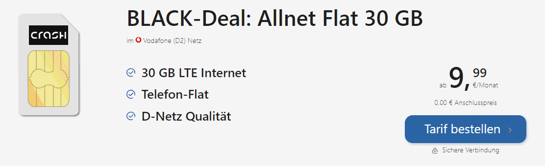 BLACK-Deal: Allnet Flat 30 GB (Vodafone) mit 50 MBit/s, für 9,99 €/Monat – keine Anschlusskosten